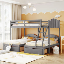 Load image into Gallery viewer, Full Over Twin &amp; Twin Bunk Bed, Velvet Triple Bunk Bed with Drawers and Guardrails, Gray
