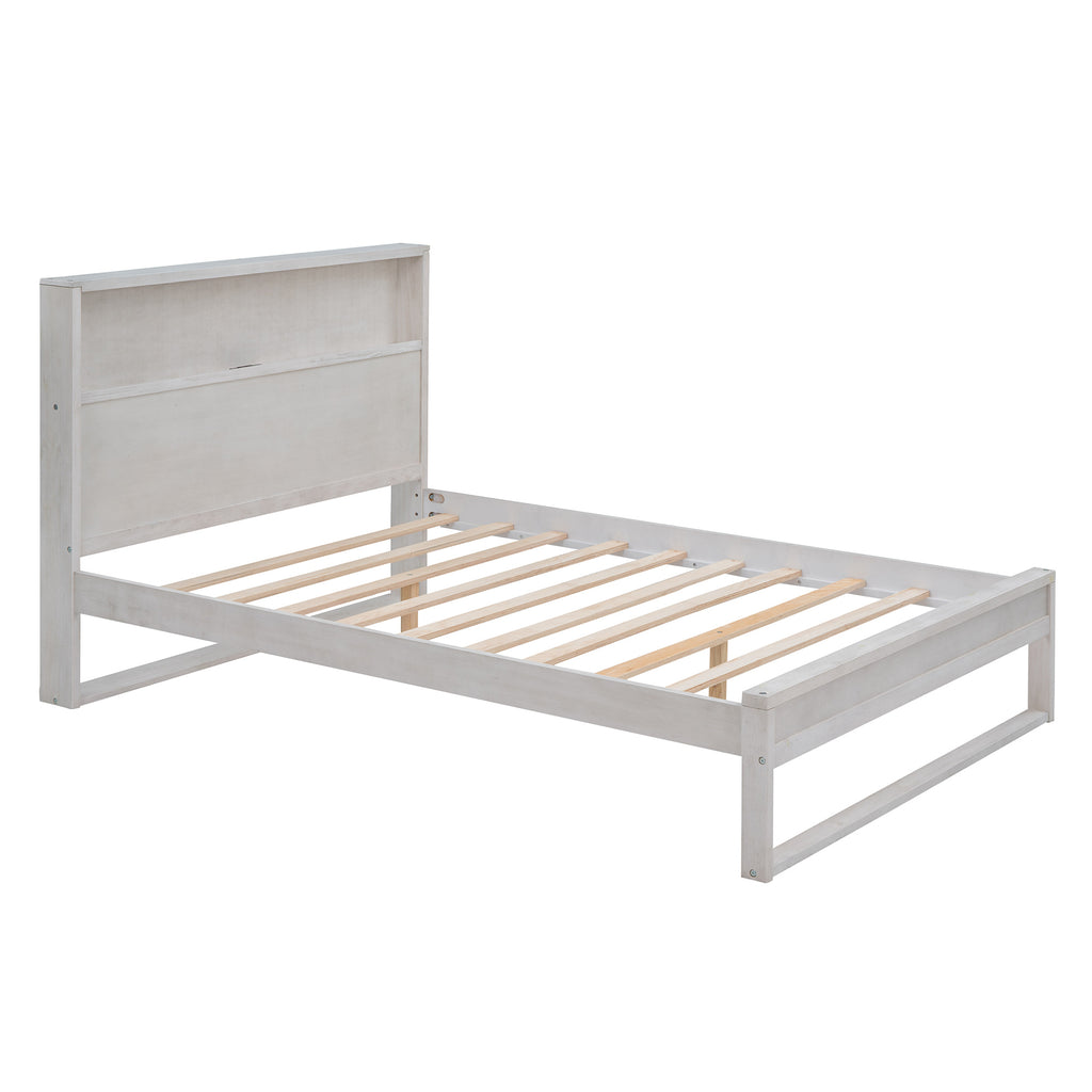 Platform Bed with Storage Headboard, Sockets and USB Ports, Full Size Platform Bed, Antique White