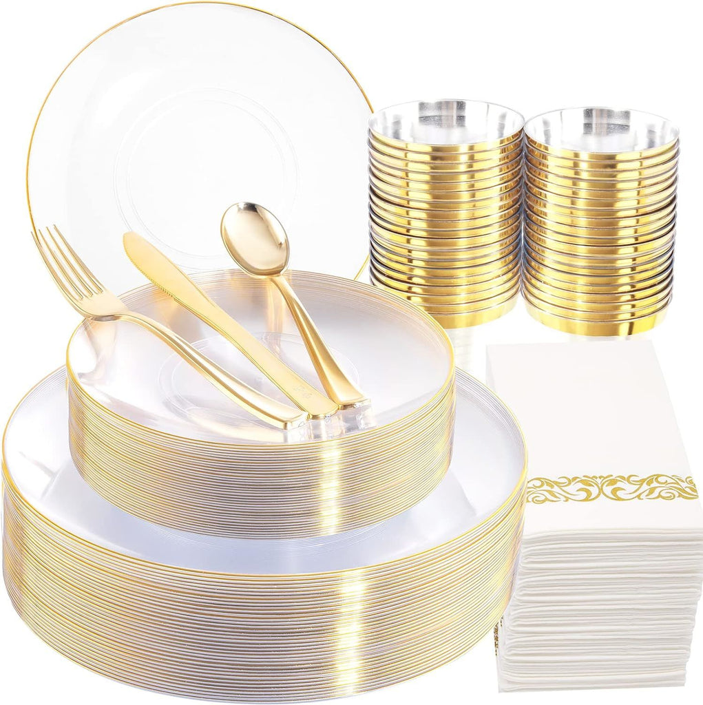 Nervure 350PCS Plastic Plates - Disposable Dinnerware Plates and Pre Rolled Napkins with Plastic Cutlery for 50 Guests