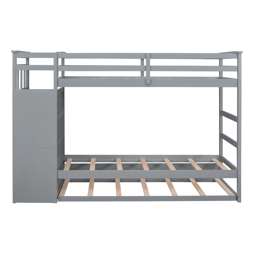 Twin Over Twin Bunk Bed with Trundle and Staircase,Gray