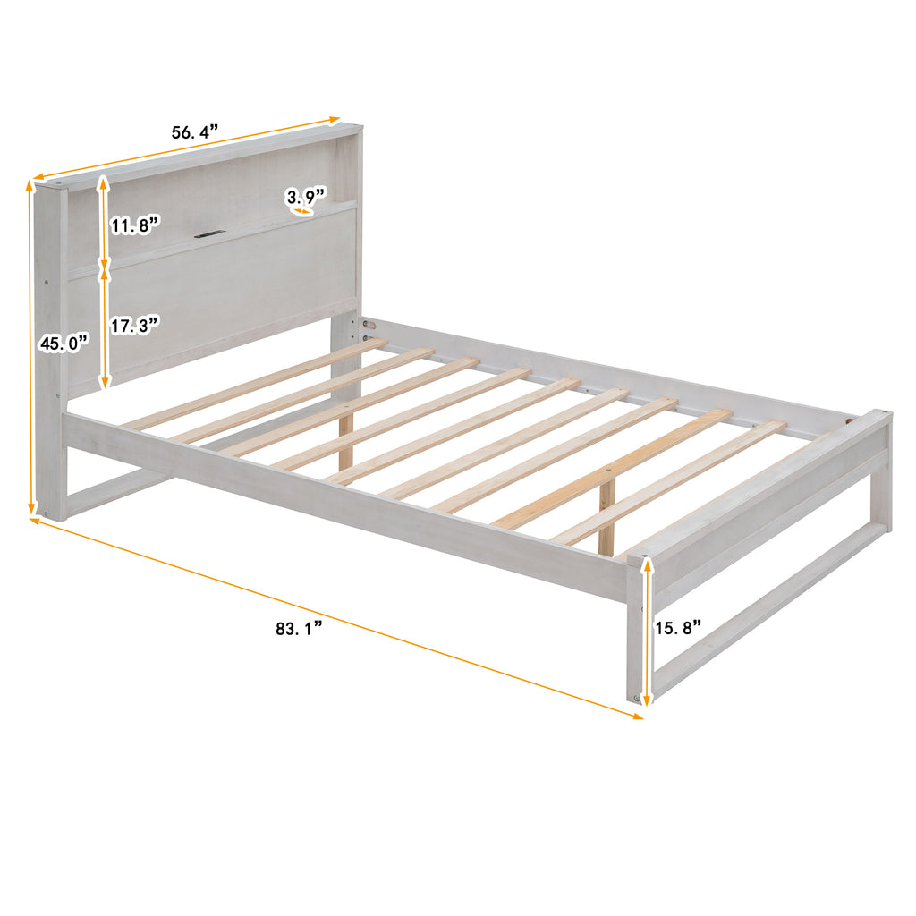 Platform Bed with Storage Headboard, Sockets and USB Ports, Full Size Platform Bed, Antique White