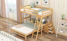 Load image into Gallery viewer, Twin over Full Bunk Bed with Built-in Desk and Three Drawers, Natural