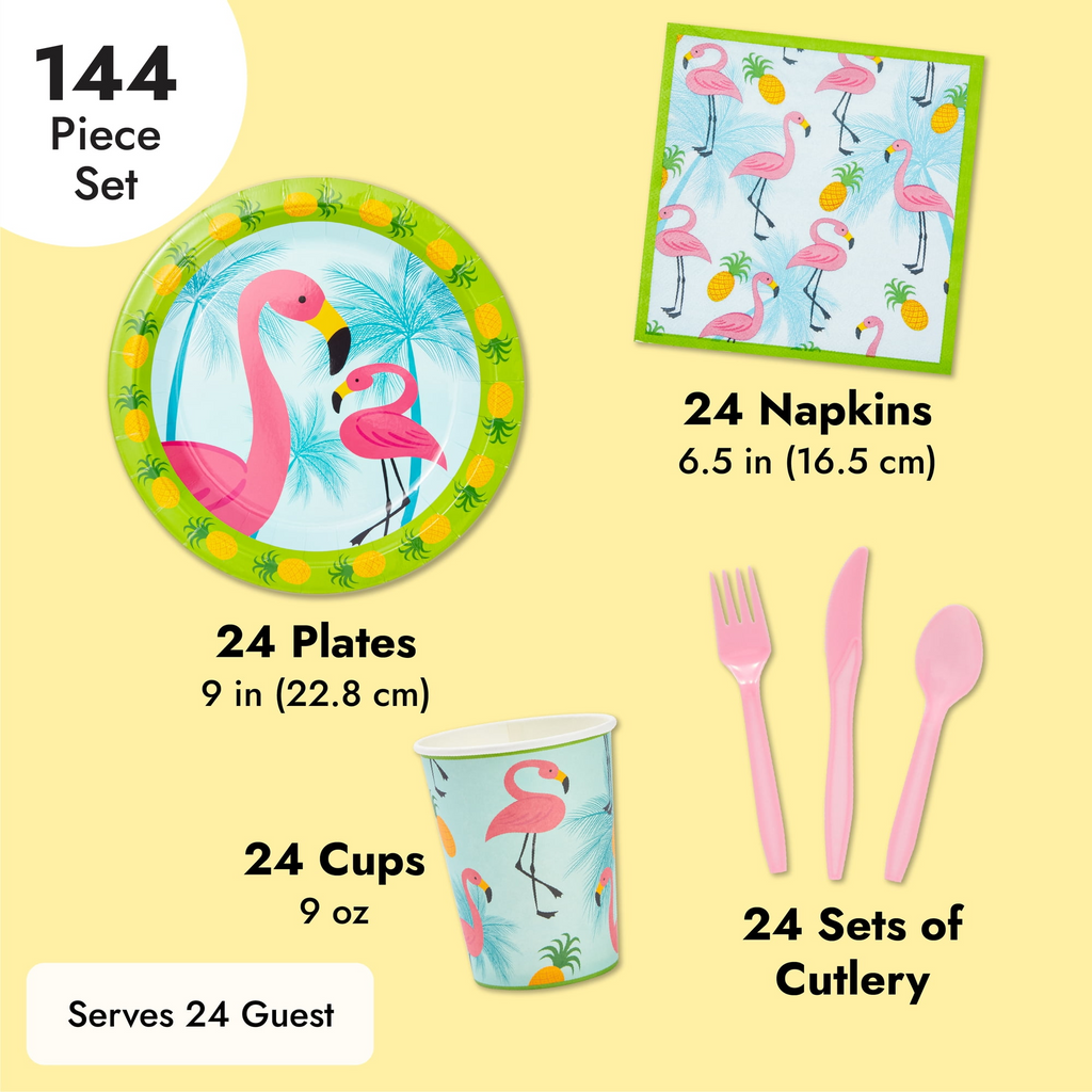 144-Piece Pink Flamingo Birthday Party Supplies, Paper Plates, Napkins, Cups, Cutlery for Summer Hawaiian Themed Party, Girl Baby Shower Decorations (Serves 24 Guests)