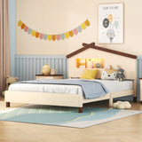 Full Size Wood Platform Bed with House-shaped Headboard and Motion Activated Night Lights (Cream+Walnut)