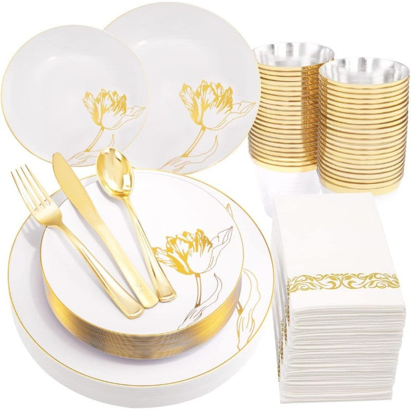 175PCS Plastic Plates - Disposable Plates Include 50Plates, 25Forks, Knives, Spoons, Cups, Napkins