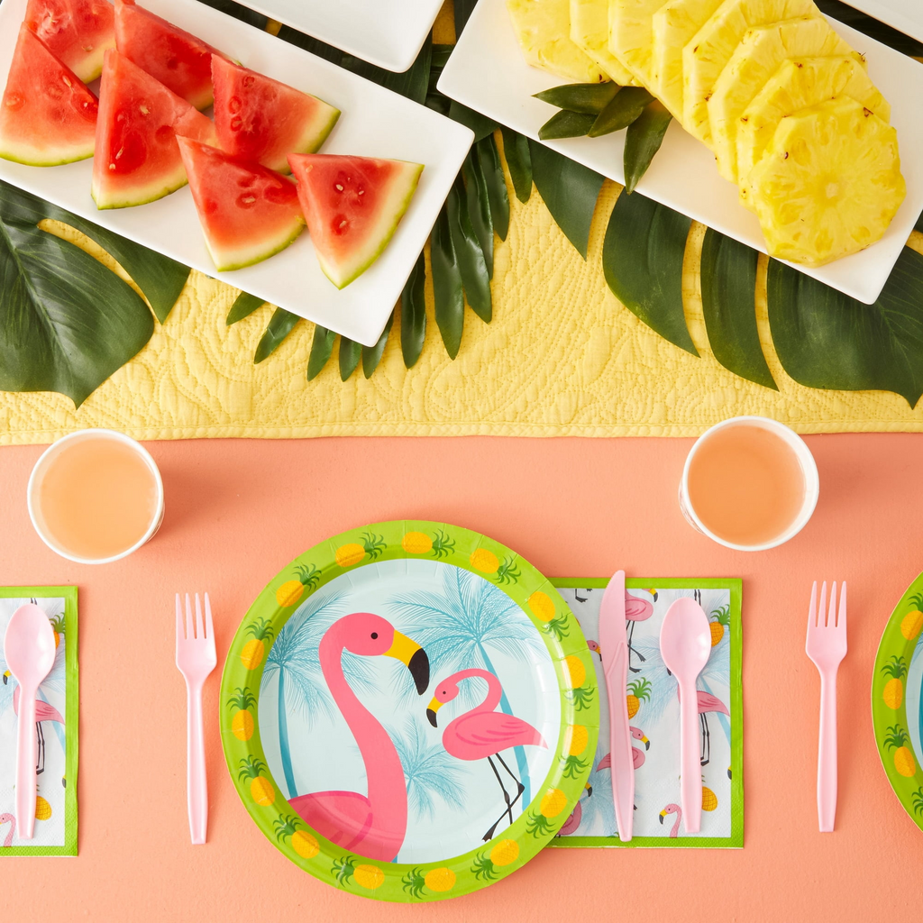 144-Piece Pink Flamingo Birthday Party Supplies, Paper Plates, Napkins, Cups, Cutlery for Summer Hawaiian Themed Party, Girl Baby Shower Decorations (Serves 24 Guests)