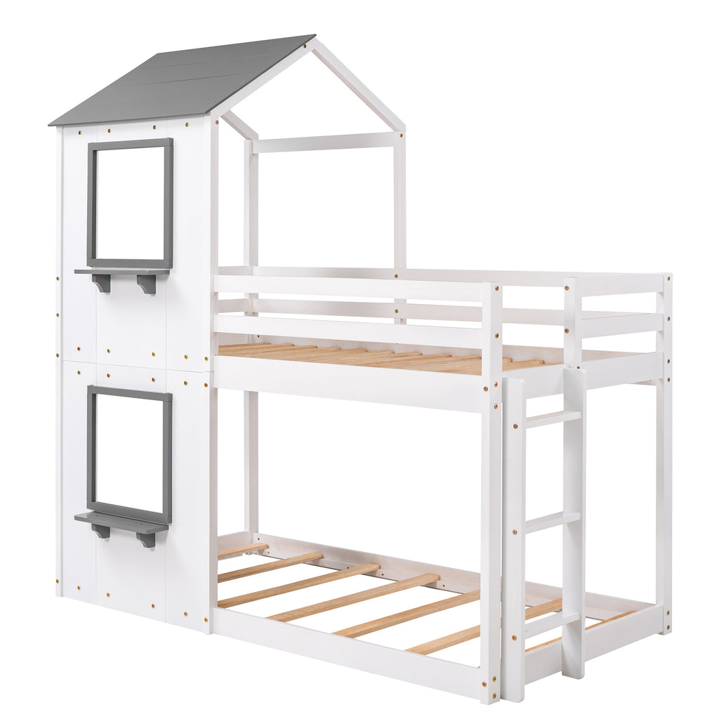 Twin Over Twin Bunk Bed Wood Bed with Roof, Window, Guardrail, Ladder (White)