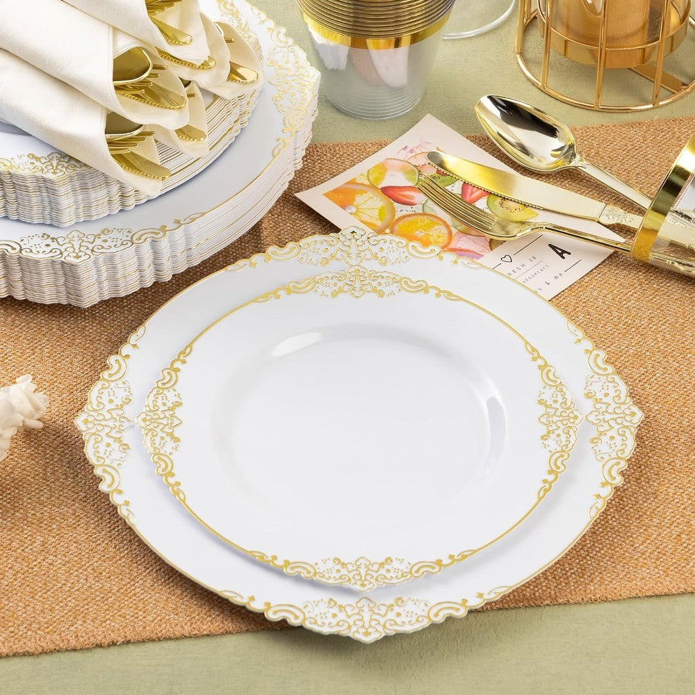 350PCS Gold Plastic Plates for 50 Guests, 100 Gold Rim Plastic Plates, 50 Silverware, 50 Pre Rolled Napkins for Party