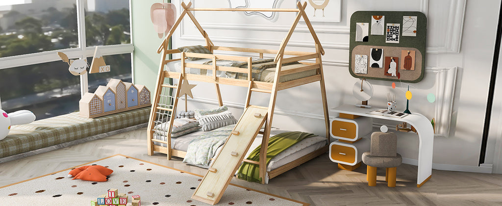 Twin over Queen House Bunk Bed with Climbing Nets and Climbing Ramp, Natural