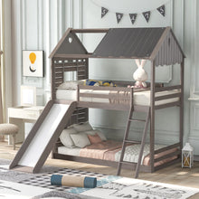 Load image into Gallery viewer, Twin Over Twin Bunk Bed Wood Bed with Roof, Window, Slide, Ladder ,Antique Gray