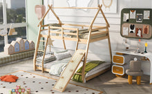 Load image into Gallery viewer, Twin over Queen House Bunk Bed with Climbing Nets and Climbing Ramp, Natural
