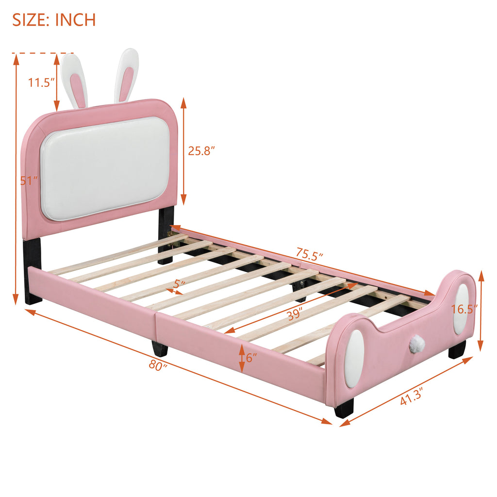 Twin size Upholstered Rabbit-Shape Princess Bed, Twin Size Platform Bed with Headboard and Footboard, White+Pink