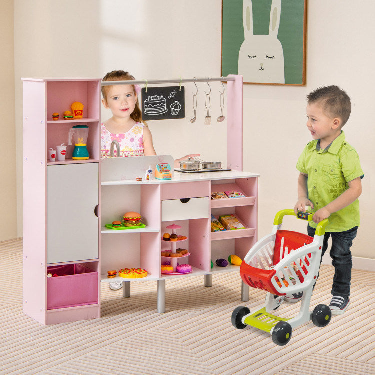 2-in-1 Double-sided Kids Kitchen and Market with Realistic Light and Sound