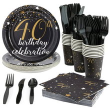 Load image into Gallery viewer, 144 Piece 40th Birthday Party Supplies Set for Men, Women, Serves 24 Paper Plates and Napkins, Cups, Cutlery, Black and Gold Disposable Set for 40 Birthday Decorations