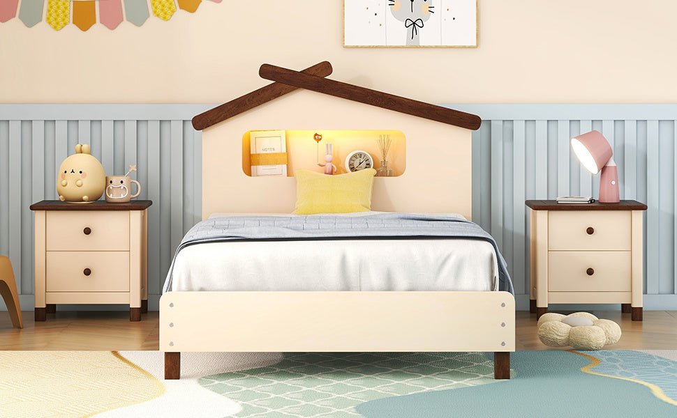 Twin Size Wood Platform Bed with House-shaped Headboard and Motion Activated Night Lights (Cream+Walnut)