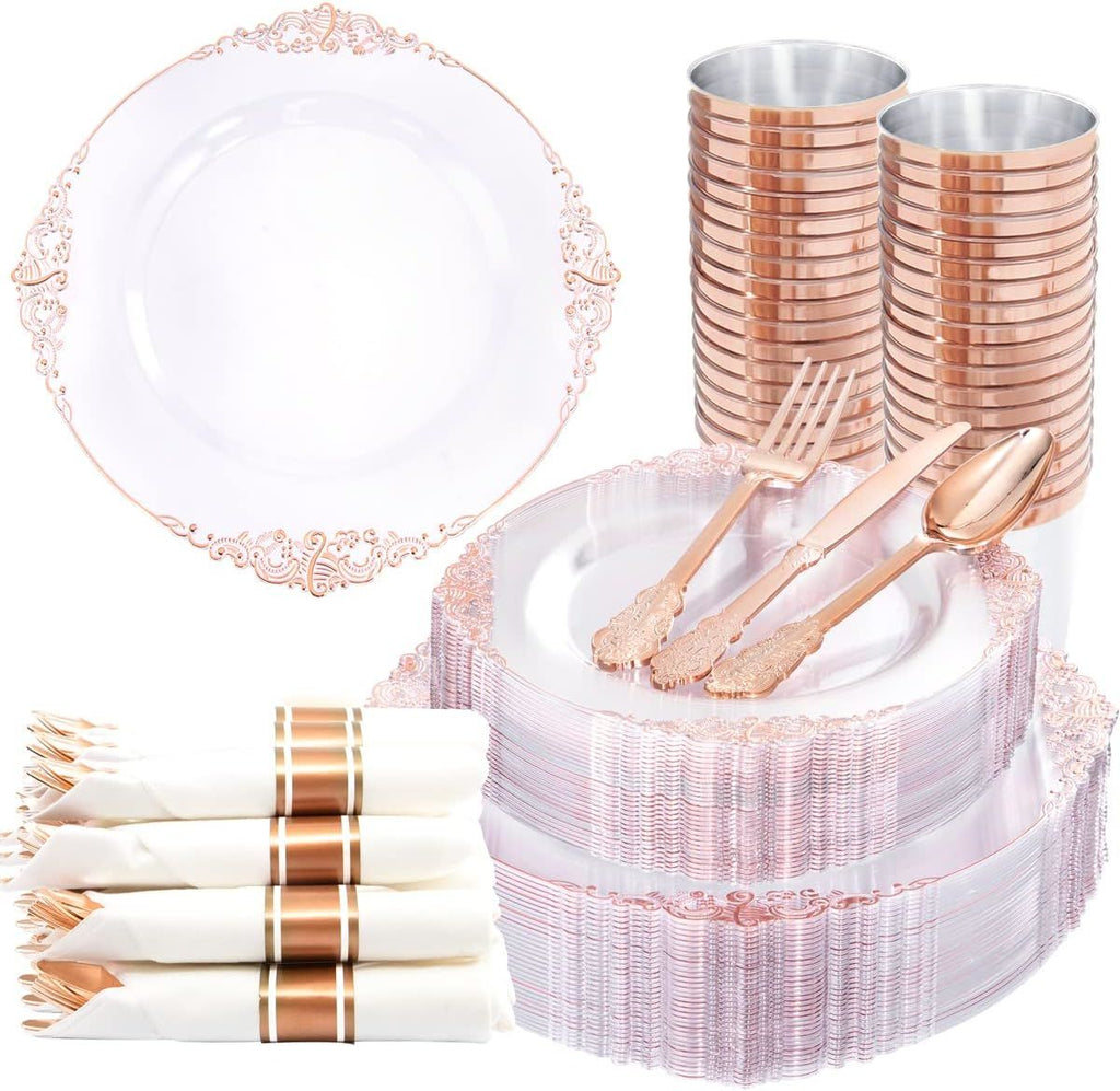 Nervure 350PCS Plastic Plates - Disposable Dinnerware Plates and Pre Rolled Napkins with Plastic Cutlery for 50 Guests