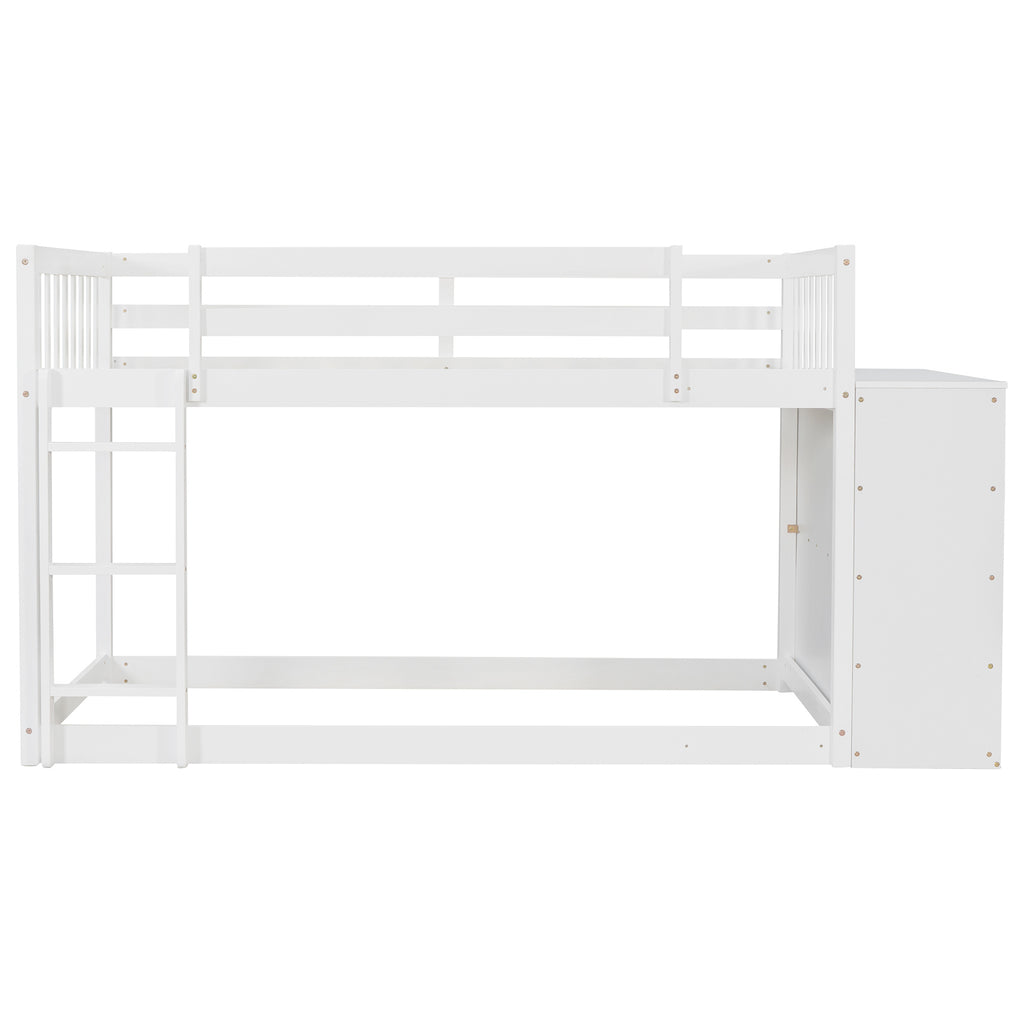 Twin over Twin Bunk Bed with 4 Drawers and 3 Shelves-White