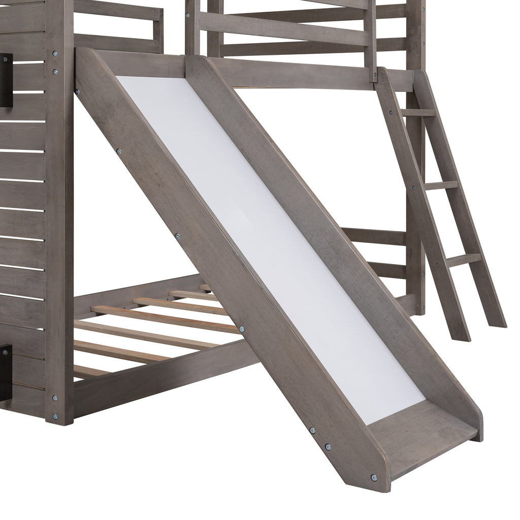 Twin Over Twin Bunk Bed Wood Bed with Roof, Window, Slide, Ladder ,Antique Gray