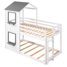 Load image into Gallery viewer, Twin Over Twin Bunk Bed Wood Bed with Roof, Window, Guardrail, Ladder (White)