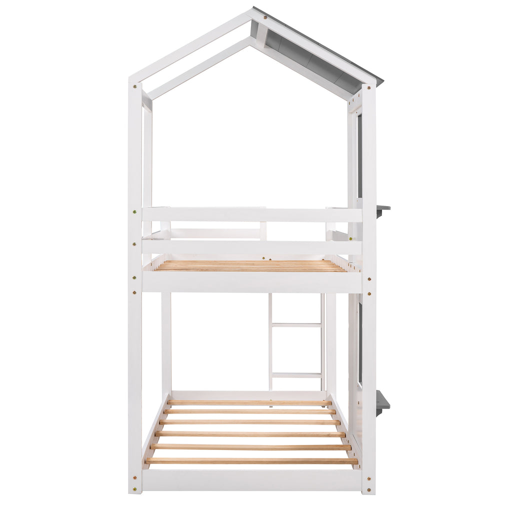 Twin Over Twin Bunk Bed Wood Bed with Roof, Window, Guardrail, Ladder (White)