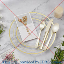 Load image into Gallery viewer, 600 Piece Gold Plastic Dinnerware Set, 100 Guests, Dinner Plates, Dessert Plates, Cups, Spoons, Forks and Knives for Party