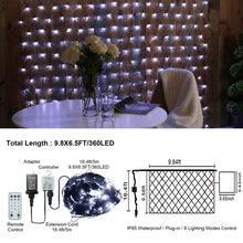 Load image into Gallery viewer, 9.8*6.5FT Christmas Mesh Net Light,360 LED Net Light with 8 Modes&amp;Remote,Connectable Net String Christmas Lights for Garden/Bushes/Indoor Outdoor/Curtain/Fairy/Wall/Party/Wedding/Xmas Tree Decorations