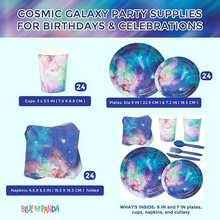 Load image into Gallery viewer, 168 Pieces Galaxy Party Supplies with Paper Plates, Napkins, Cups, and Cutlery for Outer Space Birthday Party Decorations (Serves 24)