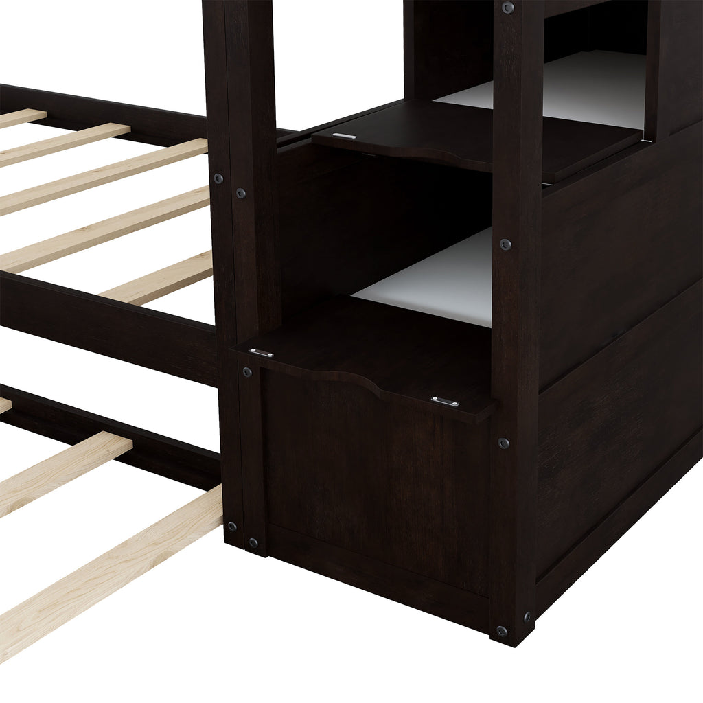 Twin-Over-Twin Bunk Bed with Twin Size Trundle and 3 Storage Stairs,Espresso