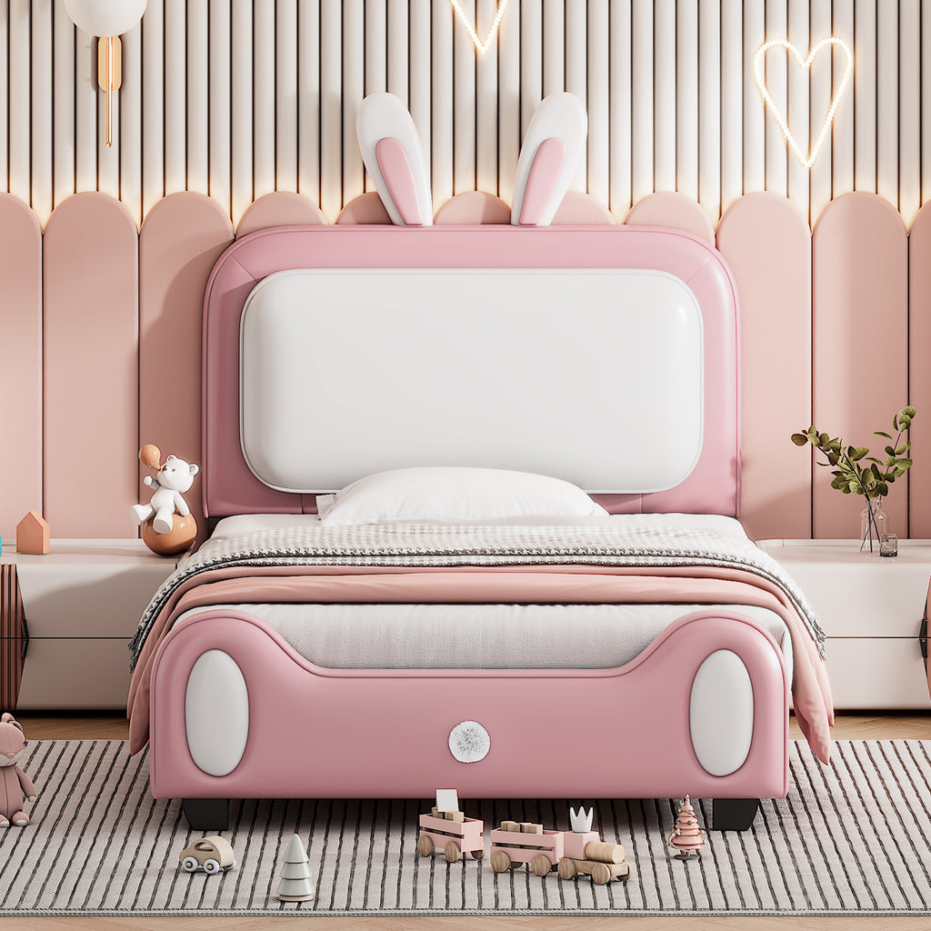 Twin size Upholstered Rabbit-Shape Princess Bed, Twin Size Platform Bed with Headboard and Footboard, White+Pink