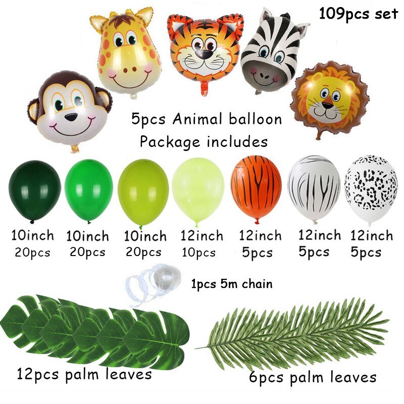 109pcs Jungle Animal Balloons Garland Arch Kit Jungle Safari Party Supplies