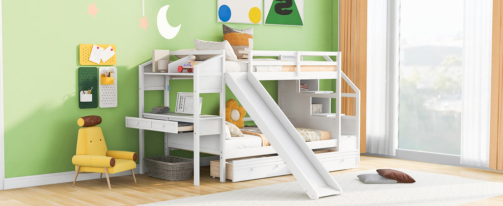 Twin over Twin Bunk Bed with Storage Staircase, Slide and Drawers, Desk with Drawers and Shelves, White