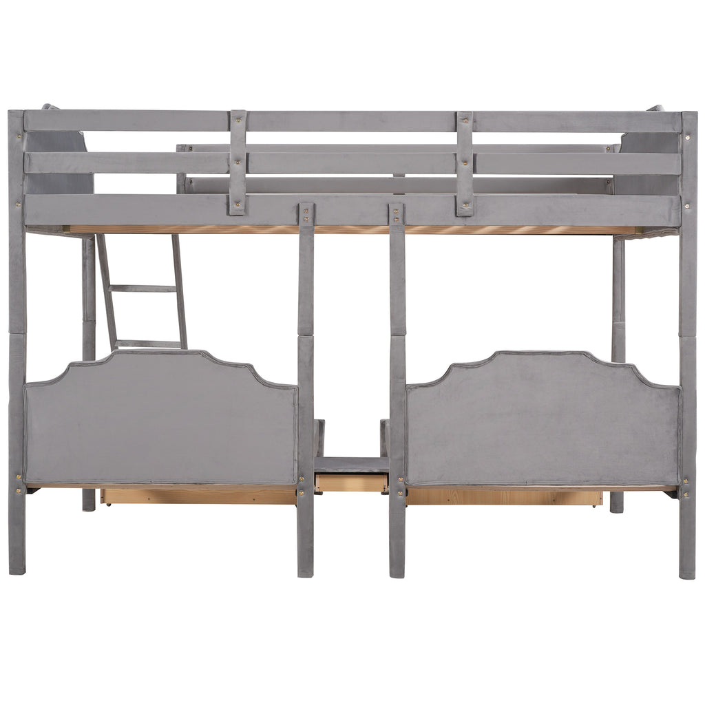 Full Over Twin & Twin Bunk Bed, Velvet Triple Bunk Bed with Drawers and Guardrails, Gray