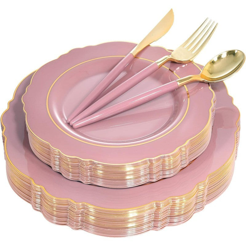 100PCS Plastic Plates With Gold Rim - Disposable Plates with Mauve Handle For Wedding & Party & Easter Serve For 20 Guests