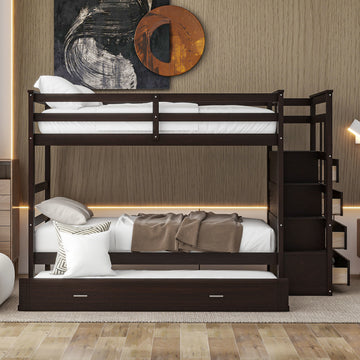 Twin Over Twin Bunk Bed with Trundle and Staircase,Espresso