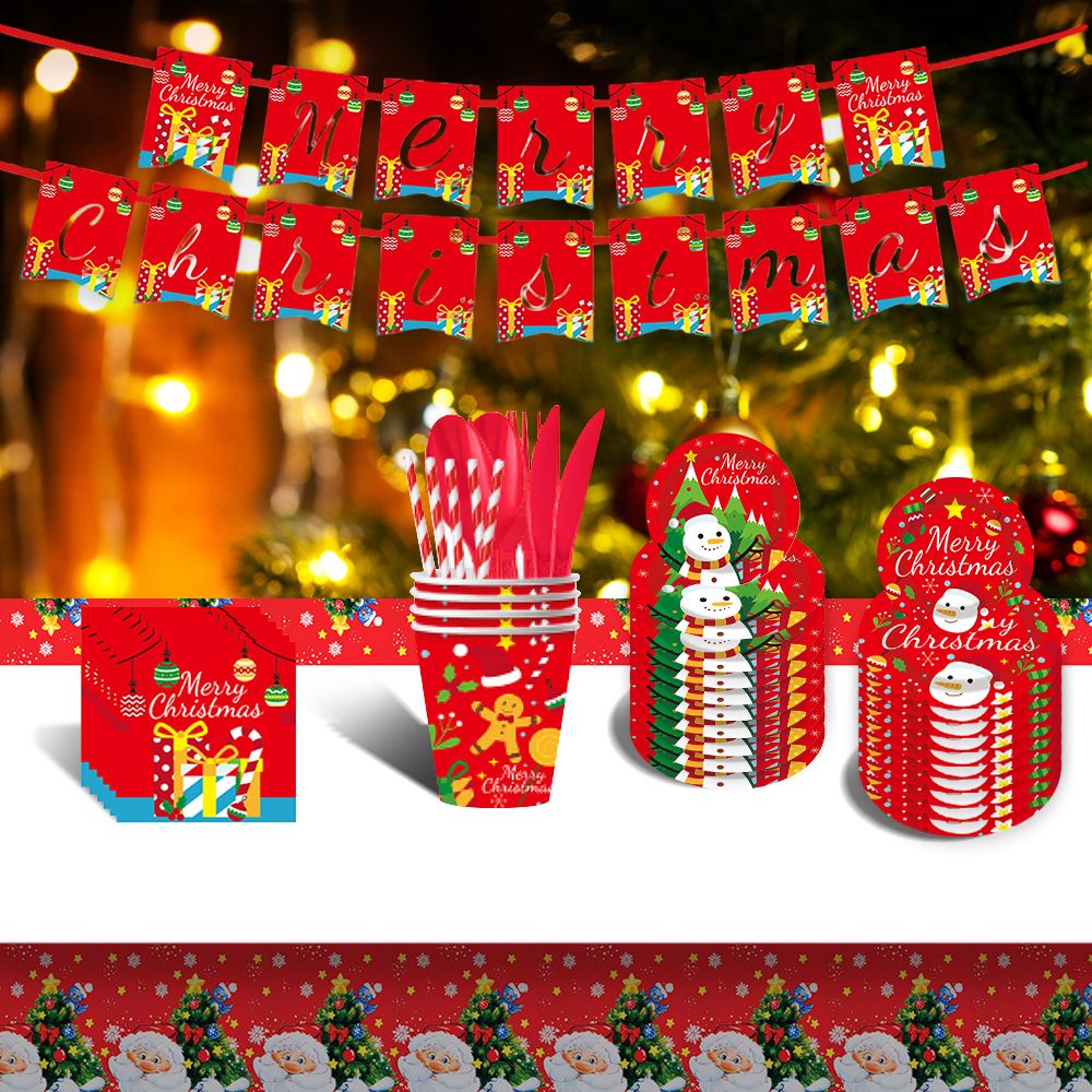 Christmas 10-piece set   Set Party Supplies Snowman Disposable Tableware Paper Plates and Napkins Banners Plastic tablecloths Cutlery Serves 60 for Merry Christmas Party Home Indoor Outdoor Decor