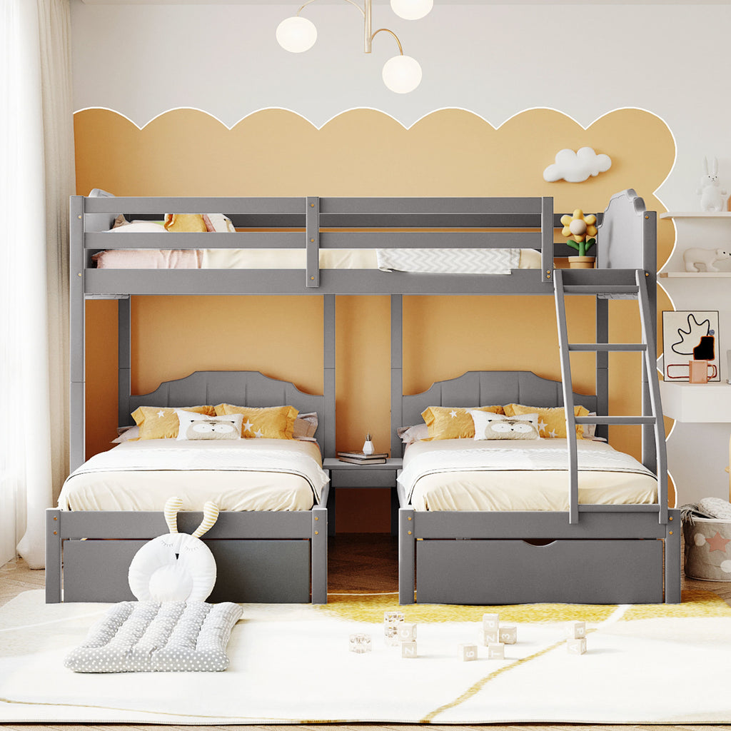 Full Over Twin & Twin Bunk Bed, Velvet Triple Bunk Bed with Drawers and Guardrails, Gray