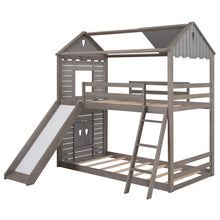 Load image into Gallery viewer, Twin Over Twin Bunk Bed Wood Bed with Roof, Window, Slide, Ladder ,Antique Gray