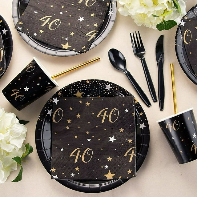 144 Piece 40th Birthday Party Supplies Set for Men, Women, Serves 24 Paper Plates and Napkins, Cups, Cutlery, Black and Gold Disposable Set for 40 Birthday Decorations