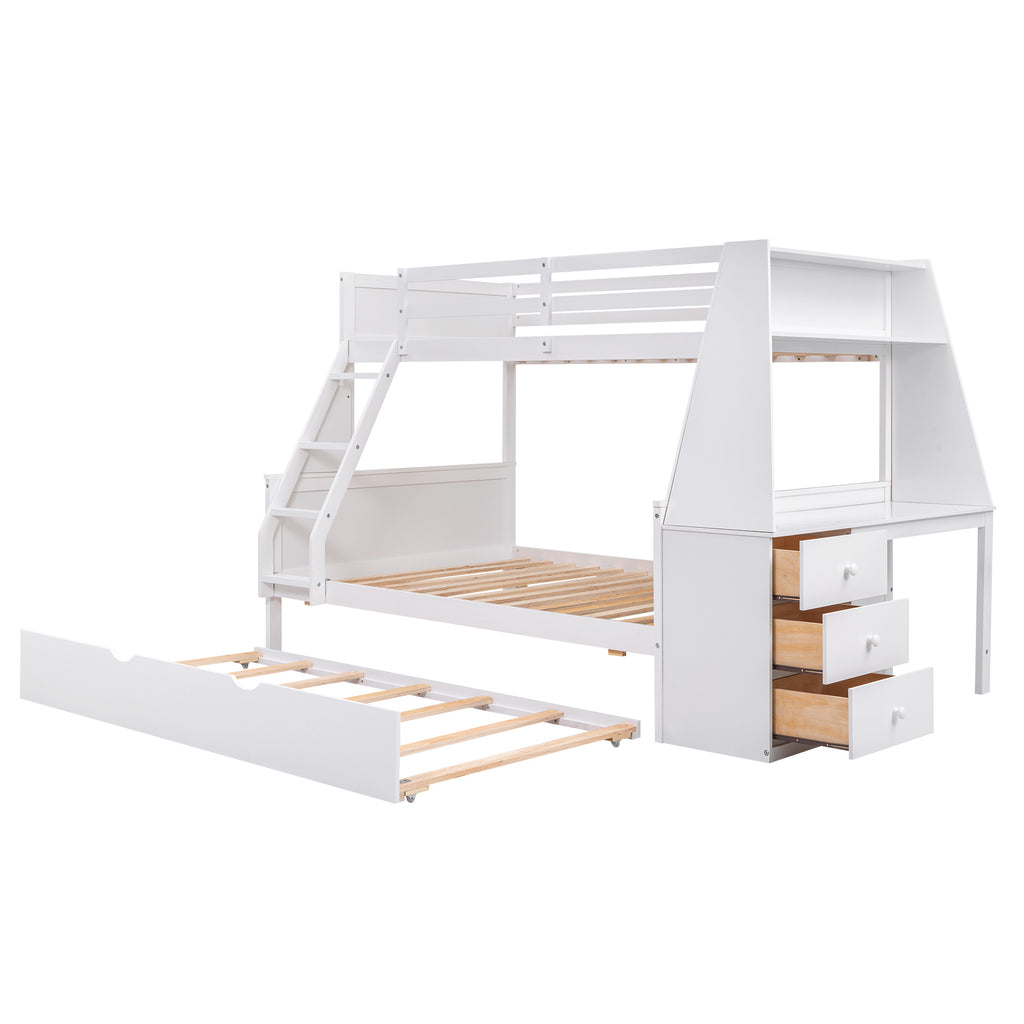 Twin over Full Bunk Bed with Trundle and Built-in Desk, Three Storage Drawers and Shelf,White