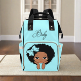 Personalize Optional - Designer Diaper Bags - African American Baby Girl Natural Curls And Electric Blue Bow - Waterproof Multi-Function Backpack