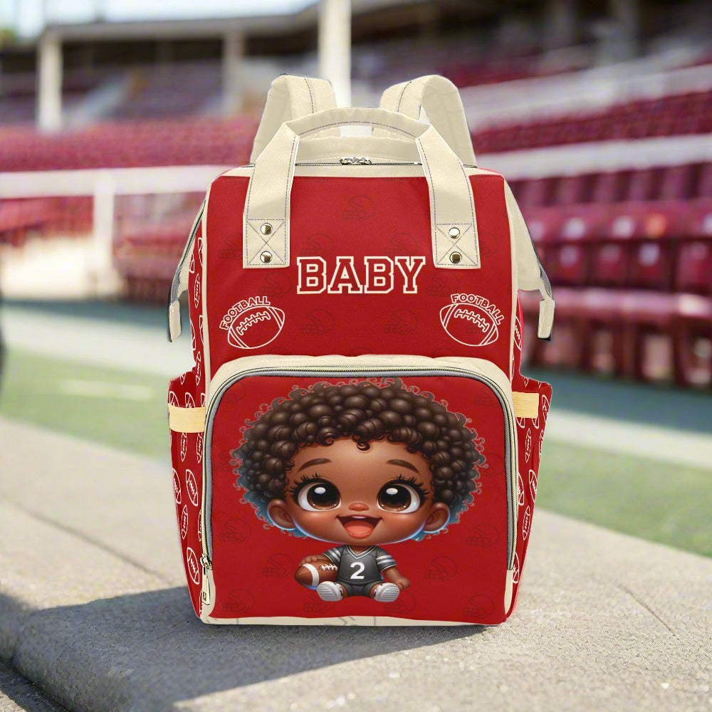 Football African American Baby Boy Red Tan Multi-Function Waterproof Backpack