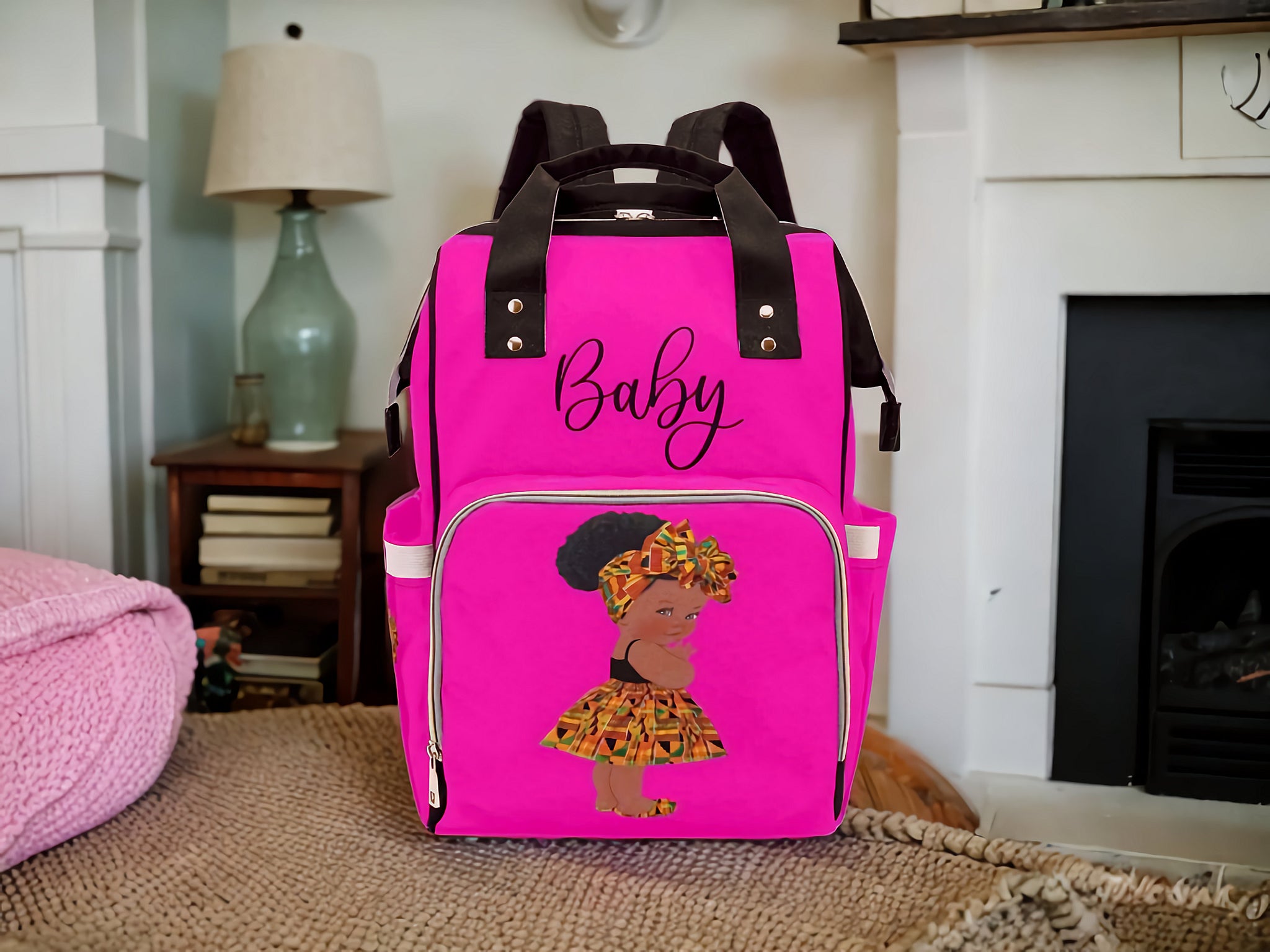 Designer Diaper Bag - Ethnic Queen African American Baby Girl - Hot Pink and Black - Waterproof Backpack