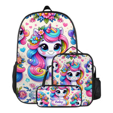 Load image into Gallery viewer, Personalized School Backpack Bag Matching Insulated Lunch Tote Bag Pencil Bag Pouch Set of 3 for School With Rainbow Unicorns Custom Set