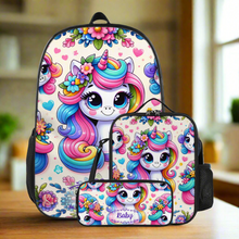 Load image into Gallery viewer, Personalized School Backpack Bag Matching Insulated Lunch Tote Bag Pencil Bag Pouch Set of 3 for School With Rainbow Unicorns Custom Set