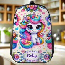 Load image into Gallery viewer, Personalized School Backpack Bag Matching Insulated Lunch Tote Bag Pencil Bag Pouch Set of 3 for School With Rainbow Unicorns Custom Set