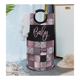 Pink Quilt-Like Patchwork Large Laundry Basket Round Laundry Hamper