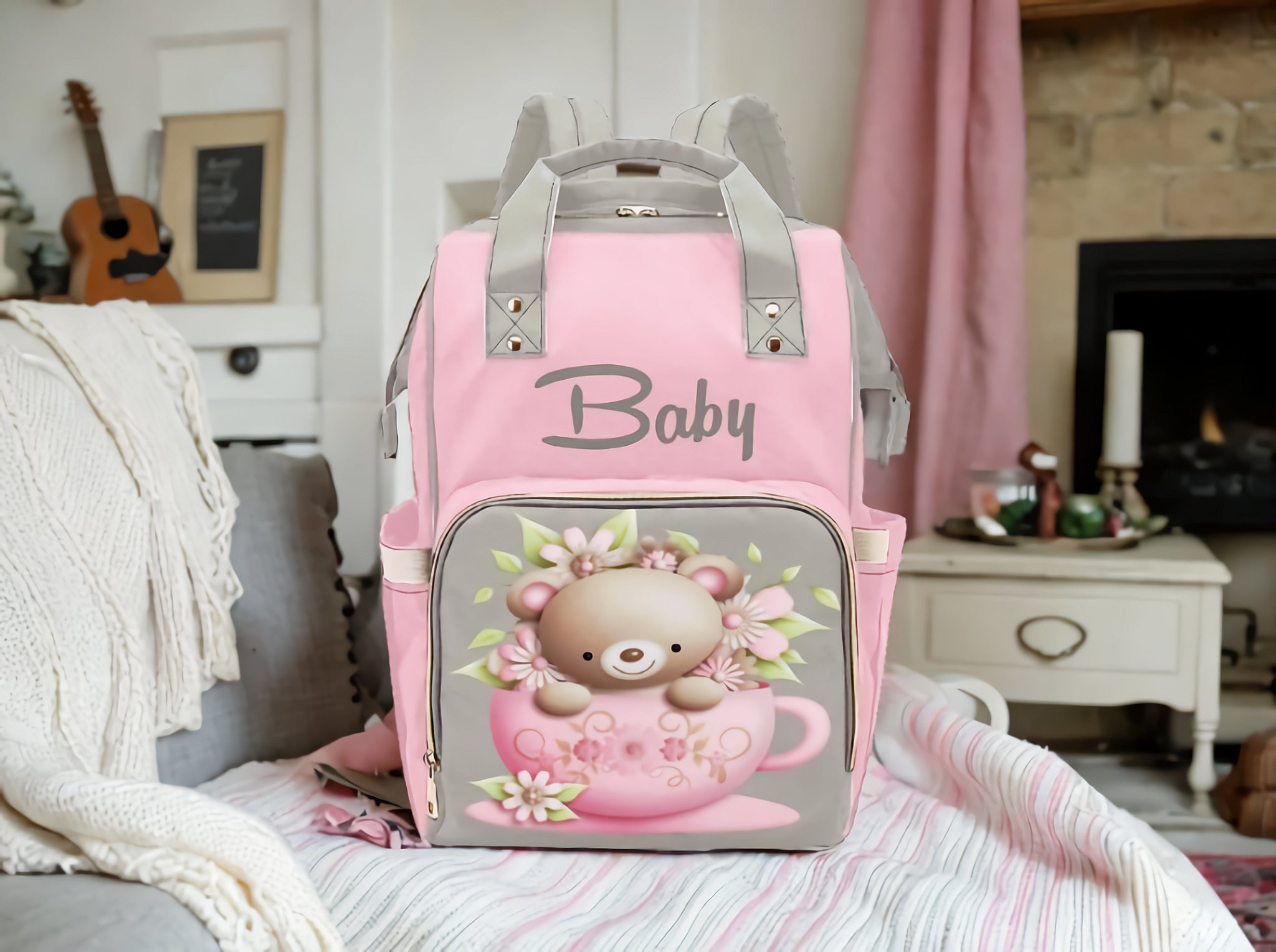 Designer Baby Bag With Cuddly Pink Teddy Bear In Tea Cup - Waterproof Multifunction Backpack Bag