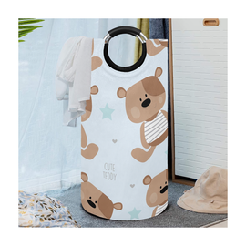 Teddy Bears on Blue Large Laundry Basket Round Laundry Hamper