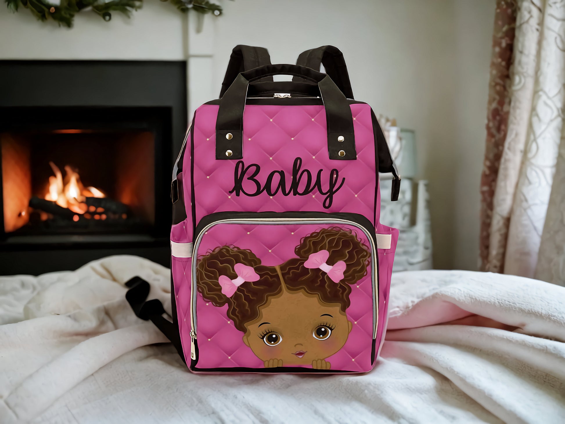 Designer Diaper Bag - African American Baby Girl Angel - Hot Pink Mult