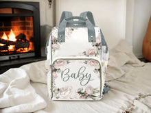 Load image into Gallery viewer, Personalized Faded Vintage Roses With Green Straps, Waterproof Diaper Bag Backpack